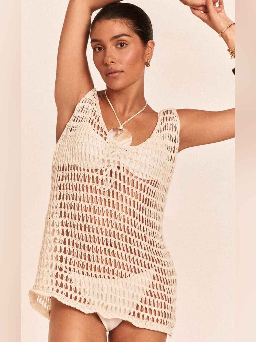PrettyLittleThing Cream PETITE CROCHET SLEEVELESS MINI DRESS